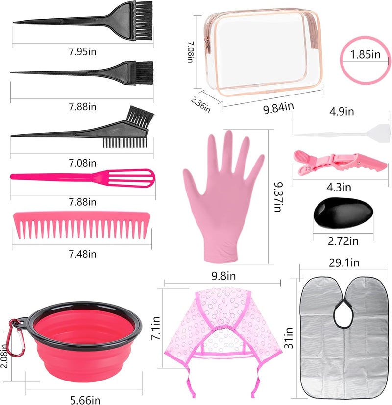 DINTSTYLE 32 Pcs Hair Dye Coloring Kit,Hair Dye Tools for DIY Salon.Hair Dye Brush and Bowl Set/Highlighting Frosting Cap with Plastic Hooks/Dye Brush/Ear Cover/Gloves/Comb/Hairpin/Hair Coloring Cape(Pink) - Image 2